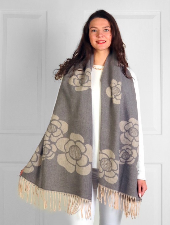 Cashmere Feeling Flower Scarf with Fringes